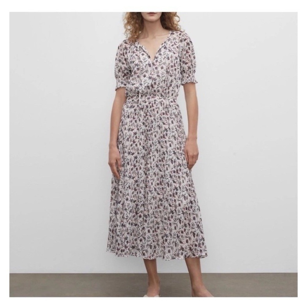 Club Monaco Womens 6 Pleated Floral Midi Dress Puff Sleeve Romantic Flowy